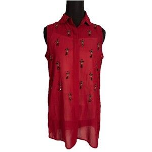 Bar III Red Embellished Sleeveless Chiffon Blouse Tunic Top Beaded Size S
